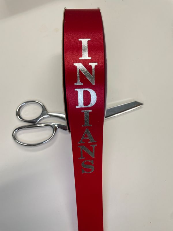 Pre-printed silver INDIANS on red lustre ribbon- size 9