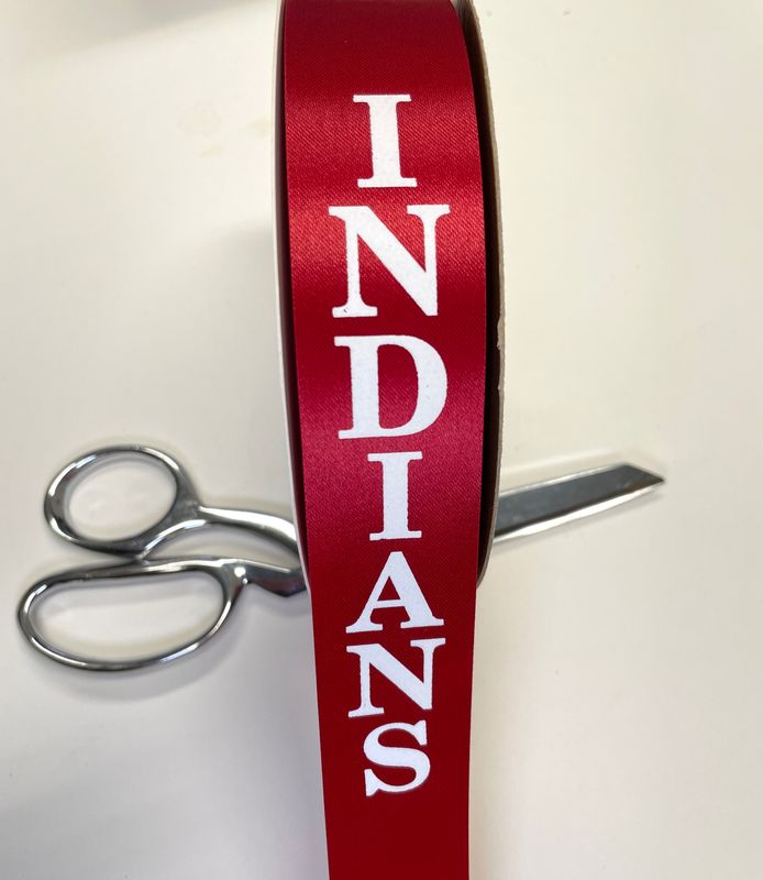 Pre-printed white INDIANS on red lustre ribbon- size 9