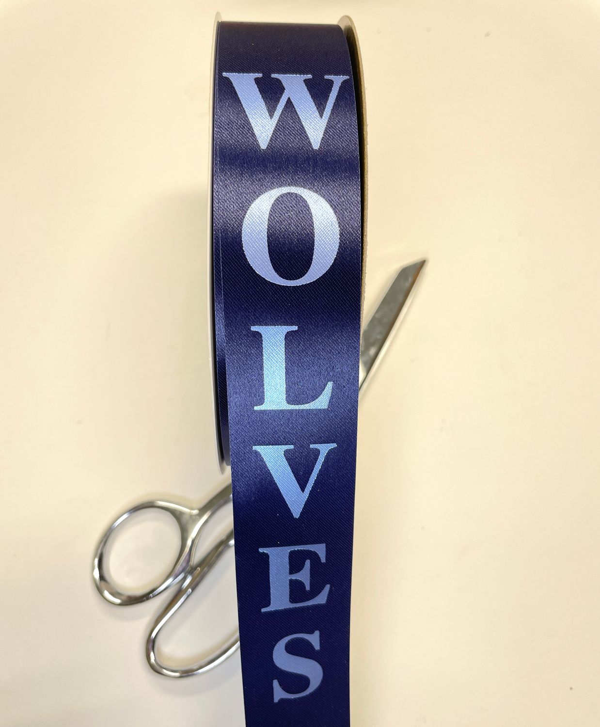 Pre-printed columbia blue WOLVES on navy lustre ribbon- size 9