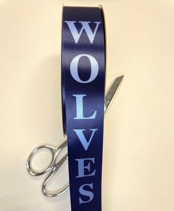 Pre-printed columbia blue WOLVES on navy lustre ribbon- size 9