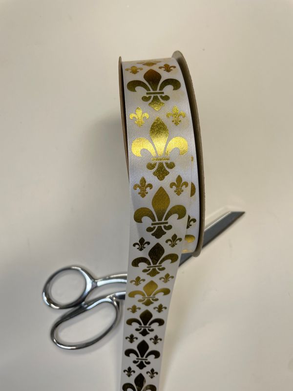 Pre-printed Gold Fluer de Lis on white lustre ribbon- size 9
