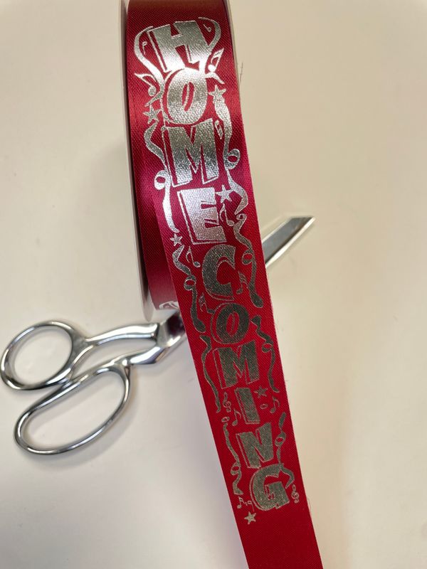 Pre-printed Silver HOMECOMING on burgundy Acetate ribbon- size 9