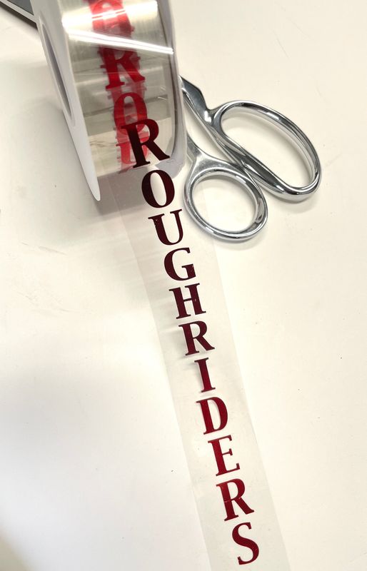 Pre-printed Red ROUGHRIDERS on Clear ribbon- size 9