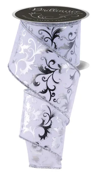 2 1/2” silver/White Metallic floral swirl leaf wired ribbon- 10 yds