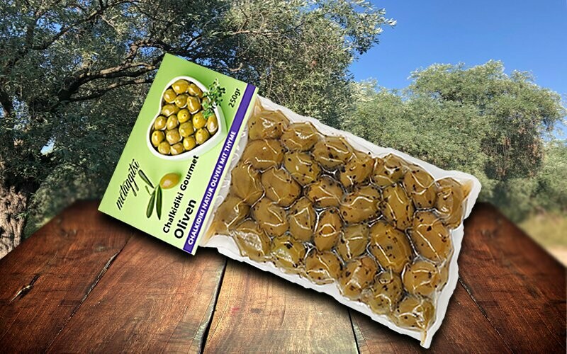 Grüne Oliven, mariniert 
mit Thymian, 500 g Vakuumpack