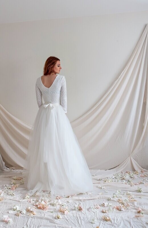 Robe longue de cérémonie mariage en Dentelle et Tulle avec Noeud à la Taille - MARIANNE