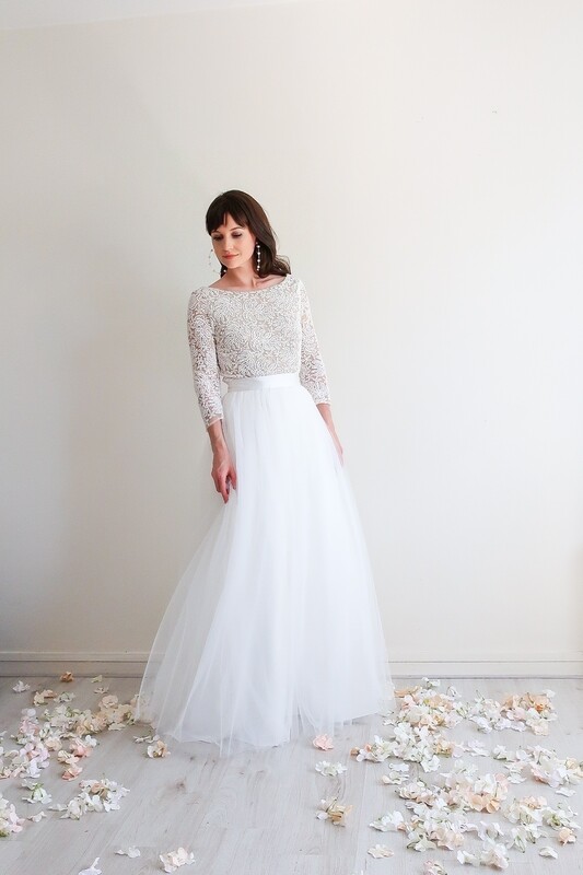 Robe de Mariée Longue en Dentelle et Tulle avec Manches 3/4 - LORIANE
