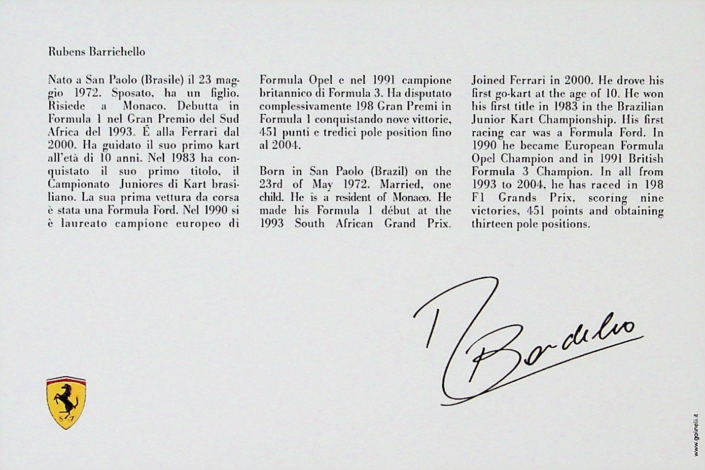 RARE: Official 2005 Rubens Barrichello postcard; no print #