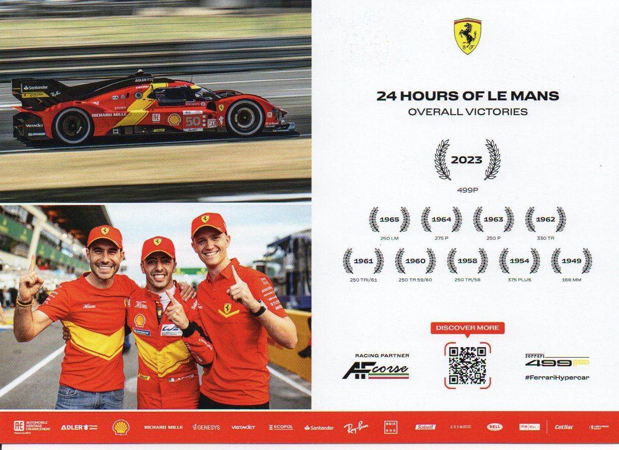 Official Ferrari 499P Le Mans winner postcard