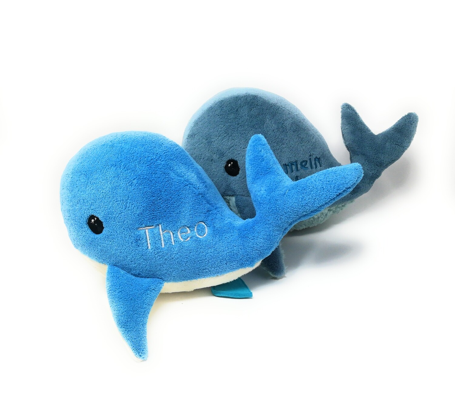 Kuscheltier Wal für Spieluhr blau-creme: mit Namen und Wunschmelodie, aus Öko Teddy Plüsch, mit austauschbarer Spieluhr. Optional mit Geheimtasche/Reißverschluss