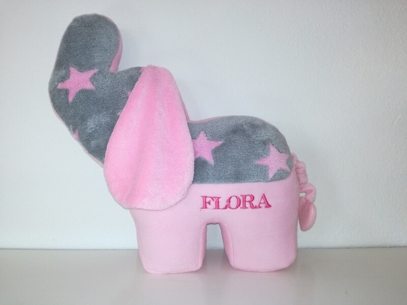 Tier-Kissen Namenskissen Elefant mit Namen für Spieluhr mit Wunschmelodie, aus Öko Teddy Plüsch, mit austauschbarer Spieluhr. Optional mit Geheimtasche/Reißverschluss. Geschenk Mädchen