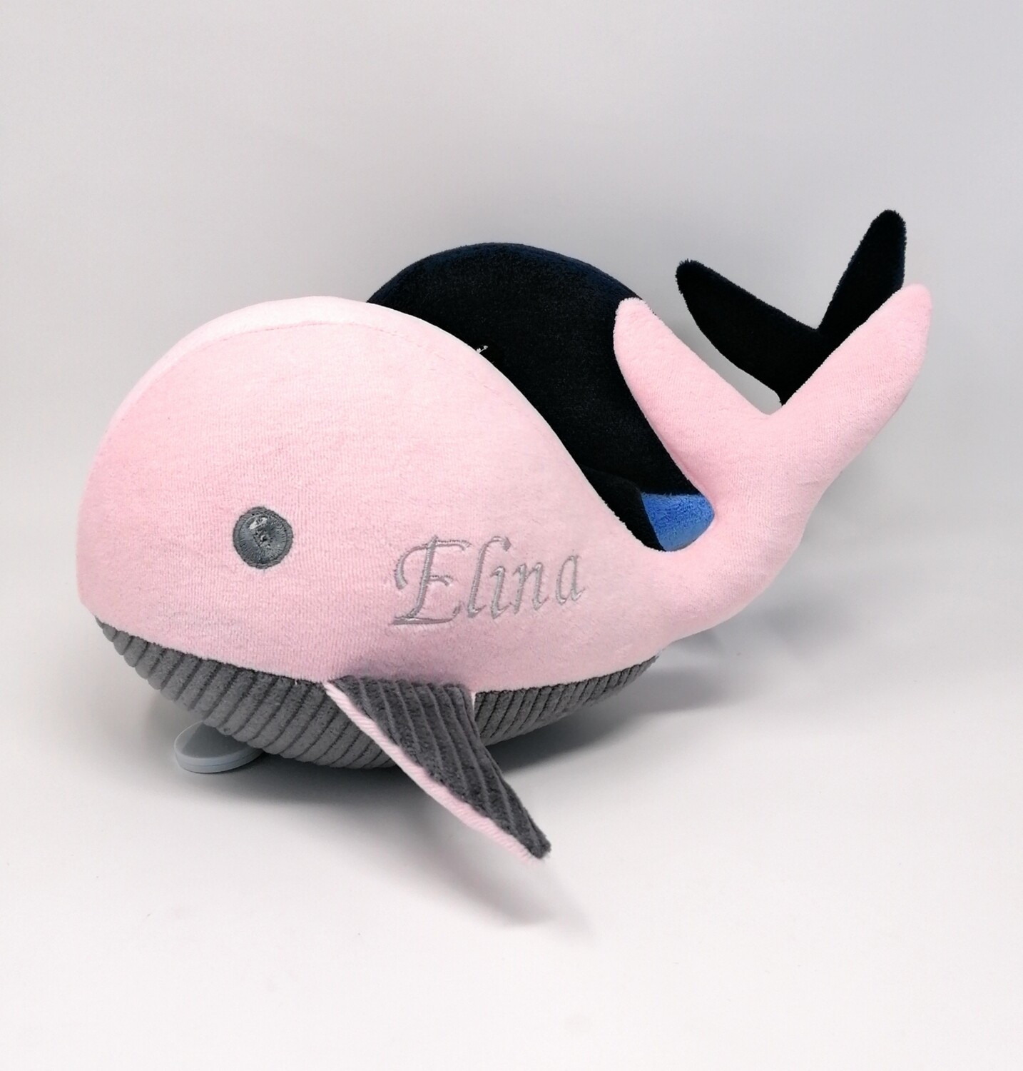 Kuscheltier Wal für Spieluhr helles rosa-grau: mit Namen und Wunschmelodie, aus Öko Teddy Plüsch, mit austauschbarer Spieluhr. Optional mit Geheimtasche/Reißverschluss