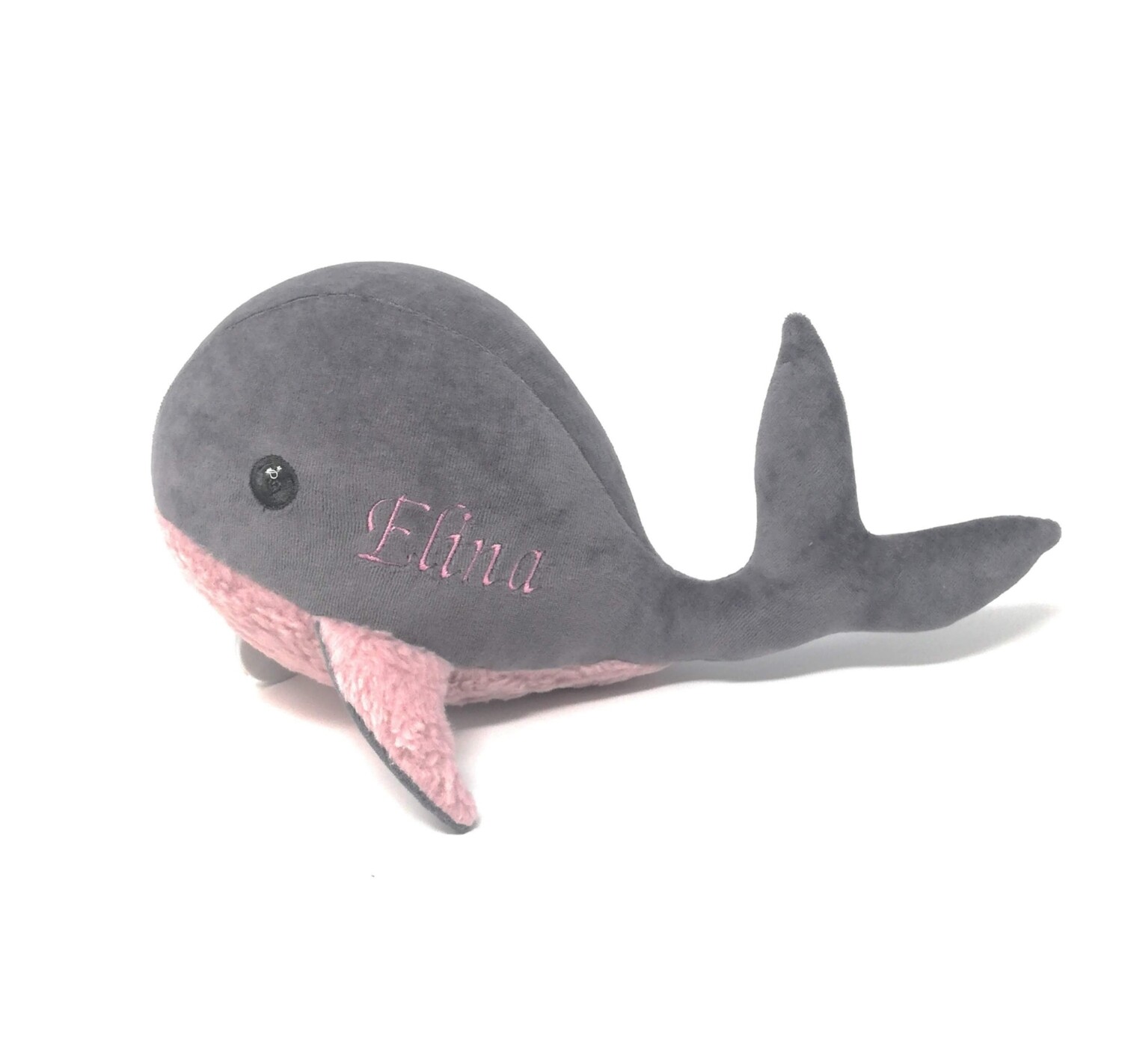 Kuscheltier Wal für Spieluhr helles rosa-grau: mit Namen und Wunschmelodie, aus Öko Teddy Plüsch, mit austauschbarer Spieluhr. Optional mit Geheimtasche/Reißverschluss