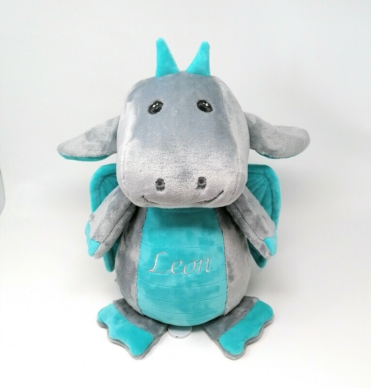 Personalisierte Spieluhr Drache in grau-türkis Gr. 30 cm, Kuscheltier Drache mit Namen und Wunschmelodie, süßes Geschenk für Geburt, Taufe, Geburtstag