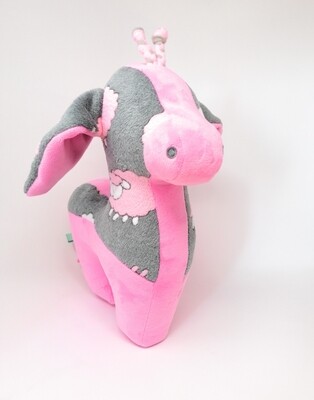 Tier-Kissen Namenskissen Giraffe rosa-grau mit Namen für Spieluhr mit Wunschmelodie, aus Öko Teddy Plüsch, mit austauschbarer Spieluhr. Optional mit Geheimtasche/Reißverschluss