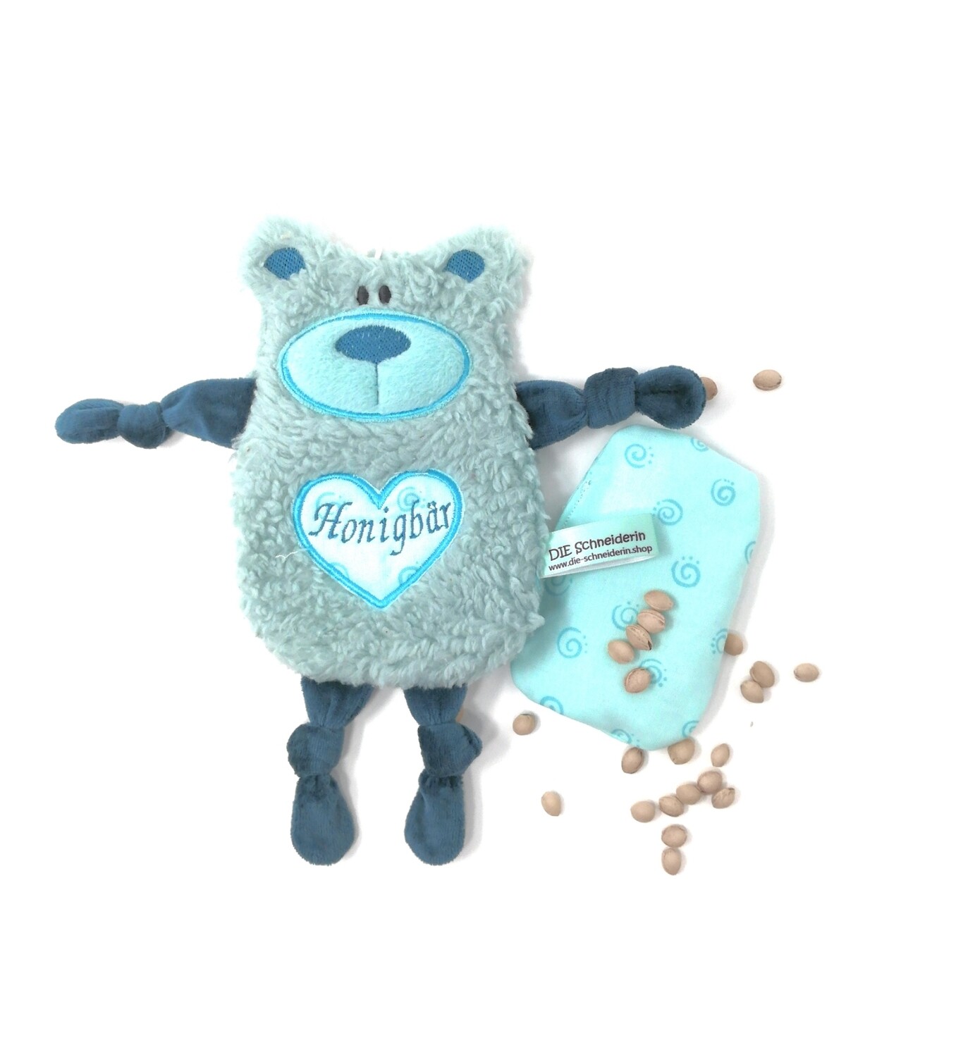 Personalisiertes Plüschtier Baby Bär hellmint mit Namen als Wärmekissen oder Knister-Tuch und Schnullertasche. Ein süßes Baby Geschenk