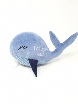 Kuscheltier Wal für Spieluhr in blau, 25cm groß, Öko Baumwolle,  austauschbare Spieluhr, Mit Geheimtasche mit Reißverschluss. Sofort lieferbar