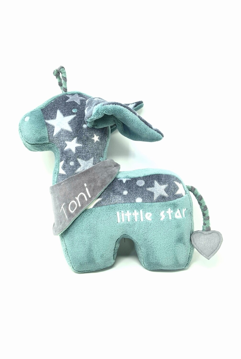 Tier-Kissen Namenskissen Giraffe grau mint mit Namen für Spieluhr mit Wunschmelodie, aus Öko Teddy Plüsch, mit austauschbarer Spieluhr. Optional mit Geheimtasche/Reißverschluss