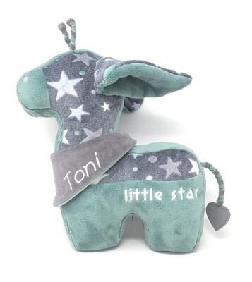 Tier-Kissen Namenskissen Giraffe grau mint mit Namen für Spieluhr mit Wunschmelodie, aus Öko Teddy Plüsch, mit austauschbarer Spieluhr. Optional mit Geheimtasche/Reißverschluss