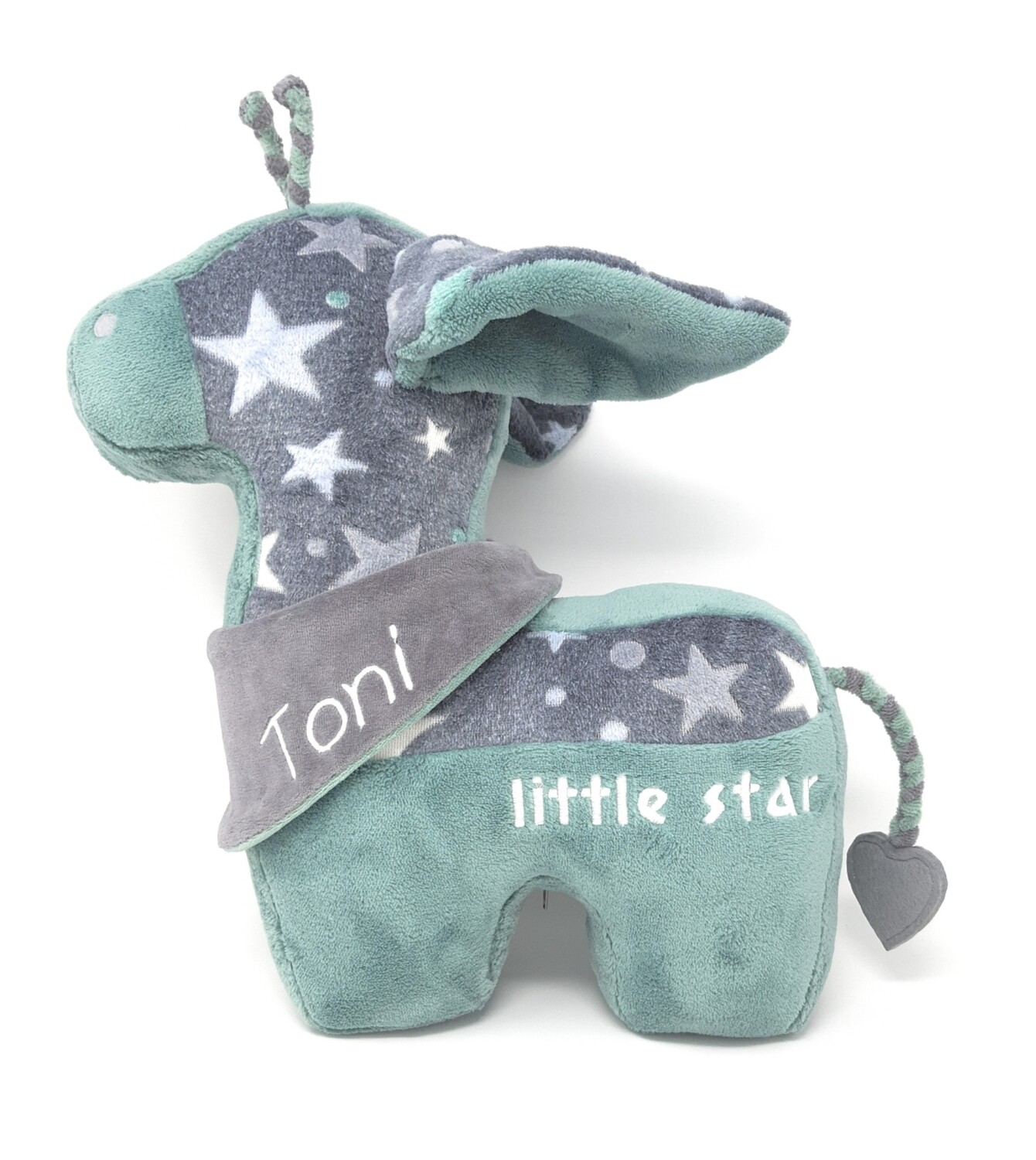Tier-Kissen Namenskissen Giraffe grau mint mit Namen für Spieluhr mit Wunschmelodie, aus Öko Teddy Plüsch, mit austauschbarer Spieluhr. Optional mit Geheimtasche/Reißverschluss