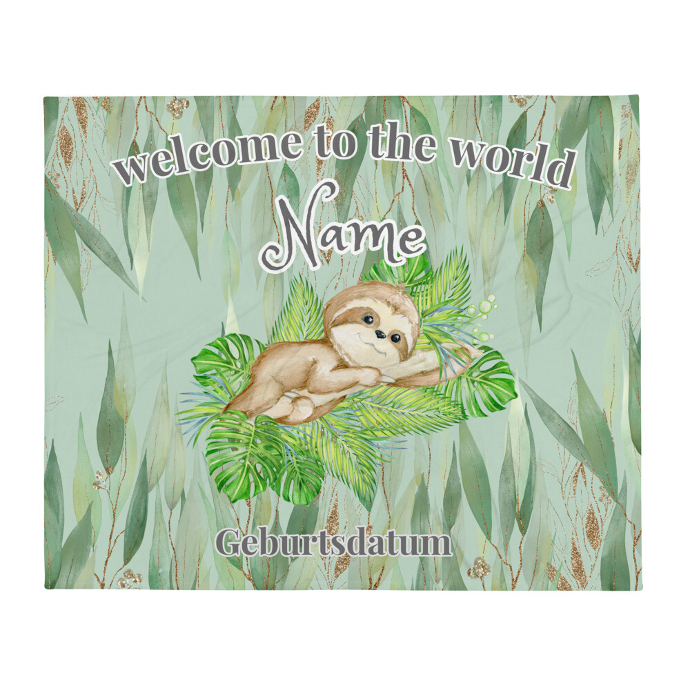 Personalisierte Baby Decke Faultier in Eukalyptus Wald " welcome to the world"