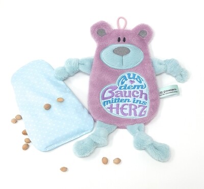 Personalisiertes Plüschtier Baby Bär mauve mint mit Namen als Wärmekissen oder Knister-Tuch und Schnullertasche. Ein süßes Baby Geschenk