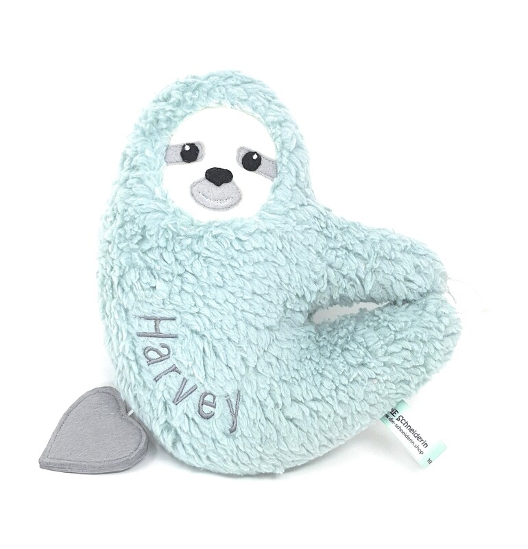 Personalisierte Spieluhr zum Aufhängen Faultier in mint mit Namen und Wunschmelodie, aus Öko Teddy Plüsch, mit austauschbarer Spieluhr. Taufgeschenk