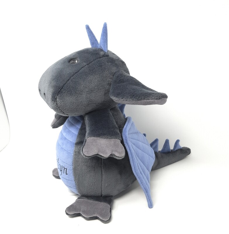 Personalisierte Spieluhr Drache in grau- rauchblau Gr. 30 cm, Kuscheltier Drache mit Namen und Wunschmelodie, süßes Geschenk für Geburt, Taufe, Geburtstag