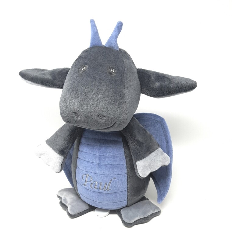 Personalisierte Spieluhr Drache in grau- rauchblau Gr. 30 cm, Kuscheltier Drache mit Namen und Wunschmelodie, süßes Geschenk für Geburt, Taufe, Geburtstag