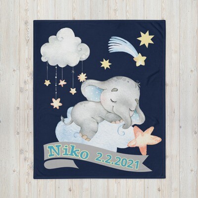 Tagesdecke Baby Elefant am Sternenhimmel personalisiert mit Namen dunkelblau