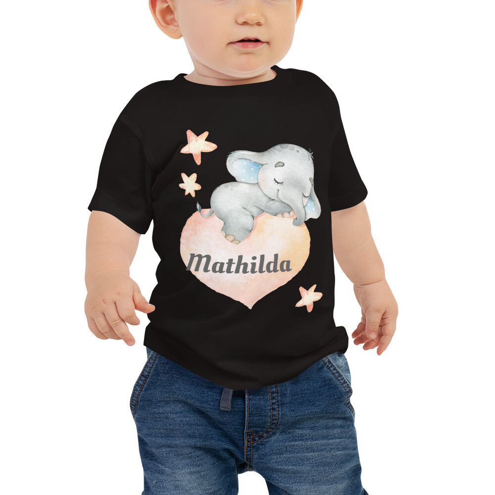 Kurzärmeliges Baby-Jersey-T-Shirt mit süßem Elefanten und Namen Druck