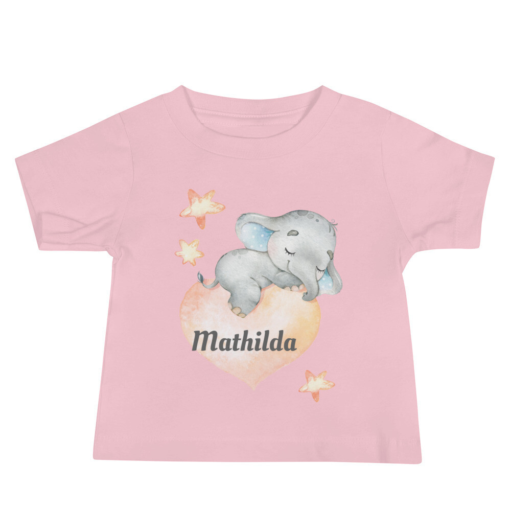 Kurzärmeliges Baby-Jersey-T-Shirt mit süßem Elefanten und Namen Druck, Farbe: Pink, Größe: 18-24m