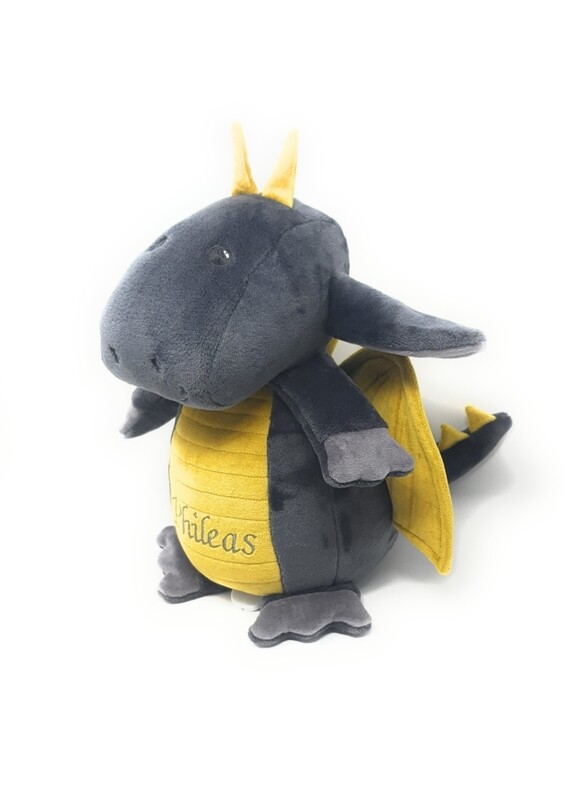 Personalisierte Spieluhr Drache in grau- senfgelb Gr. 30 cm, Kuscheltier Drache mit Namen und Wunschmelodie, süßes Geschenk für Geburt, Taufe, Geburtstag