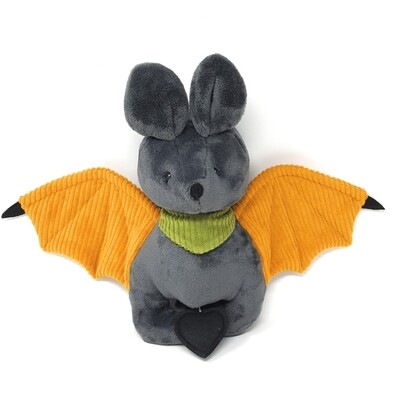 Personalisiertes Kuscheltier für Spieluhr Fledermaus grau- senfgelb  Gr. 30 cm, Plüschtier mit Namen und Wunschmelodie, Geschenk für Geburt, Taufe, Geburtstag