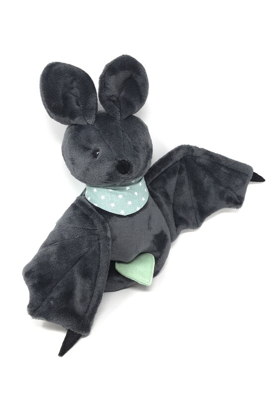 Personalisiertes Kuscheltier für Spieluhr Fledermaus dunkelgrau Gr. 30 cm, Plüschtier Fledermaus mit Namen und Wunschmelodie, süßes Geschenk für Geburt, Taufe, Geburtstag