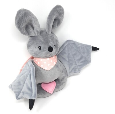Personalisiertes Kuscheltier für Spieluhr Fledermaus grau-rosa Gr. 30 cm, Plüschtier Fledermaus mit Namen und Wunschmelodie, süßes Geschenk für Geburt, Taufe, Geburtstag