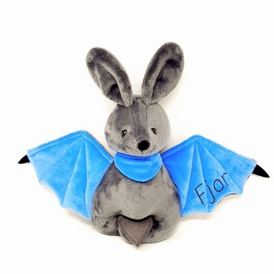 Personalisiertes Kuscheltier für Spieluhr Fledermaus dunkelgrau-blau Gr. 30 cm, Plüschtier Fledermaus mit Namen und Wunschmelodie, süßes Geschenk für Geburt, Taufe, Geburtstag