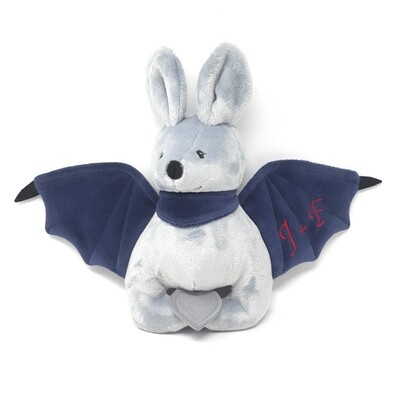 Personalisiertes Kuscheltier für Spieluhr Fledermaus grau- navi, Plüschtier Fledermaus mit Namen und Wunschmelodie, süßes Geschenk für Geburt, Taufe, Geburtstag