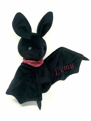 Personalisiertes Kuscheltier für Spieluhr Fledermaus schwarz Gr. 30 cm, Plüschtier Fledermaus mit Namen und Wunschmelodie, süßes Geschenk für Geburt, Taufe, Geburtstag