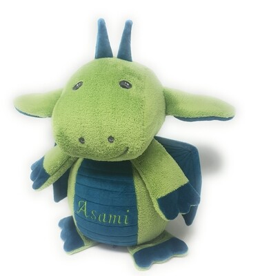 Personalisierte Spieluhr Drache smaragdgrün, Kuscheltier Drache mit Namen und Wunschmelodie, süßes Geschenk für Geburt, Taufe, Geburtstag