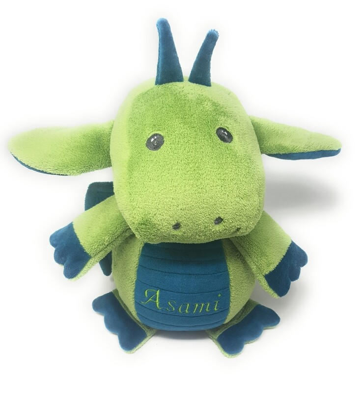 Personalisierte Spieluhr Drache smaragdgrün, Kuscheltier Drache mit Namen und Wunschmelodie, süßes Geschenk für Geburt, Taufe, Geburtstag