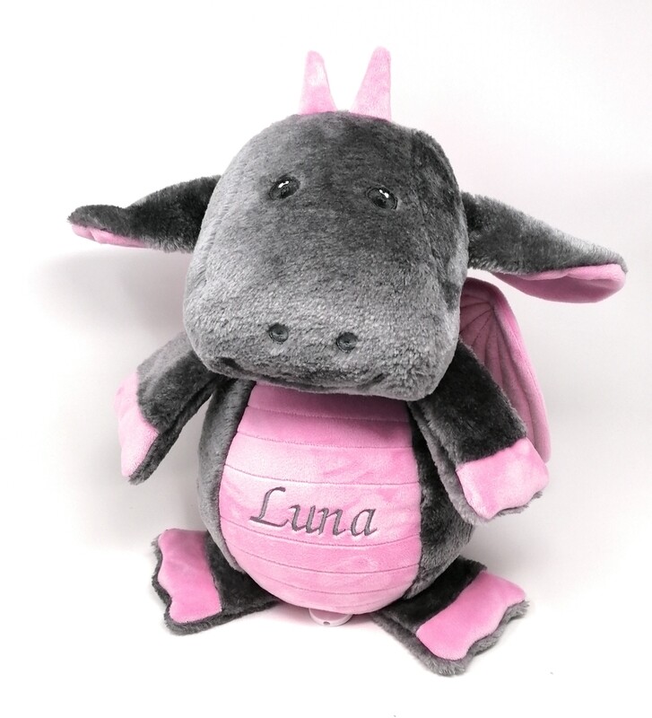 Personalisierte Spieluhr Drache mit Melodie Wahl, großes Kuscheltier Drache bestickt mit Namen, süßes Geschenk für Mädchen 