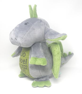 Personalisierte Spieluhr Drache in grau smaragdgrün Gr. 30 cm, Kuscheltier mit Namen und Wunschmelodie, Geschenk für Geburt, Taufe, Geburtstag
