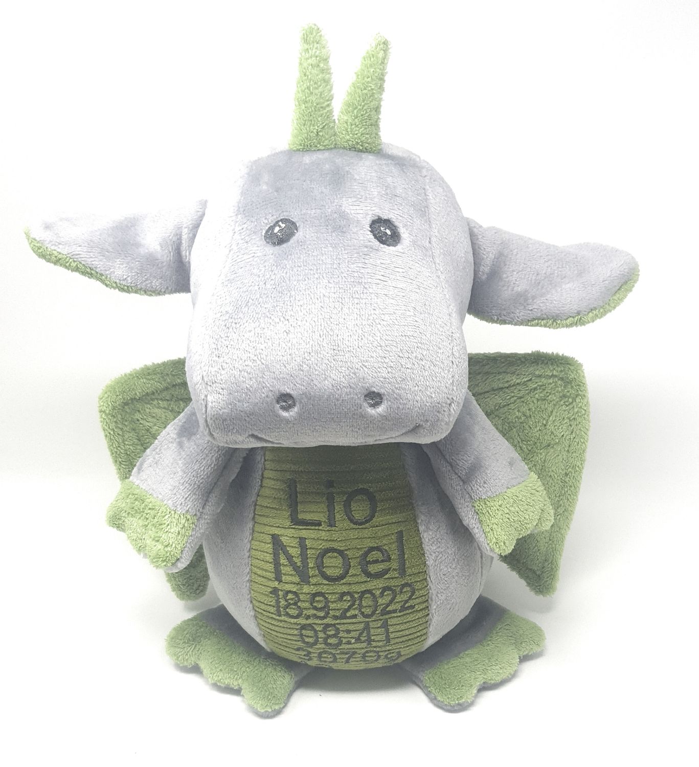 Personalisierte Spieluhr Drache in grau smaragdgrün Gr. 30 cm, Kuscheltier mit Namen und Wunschmelodie, Geschenk für Geburt, Taufe, Geburtstag