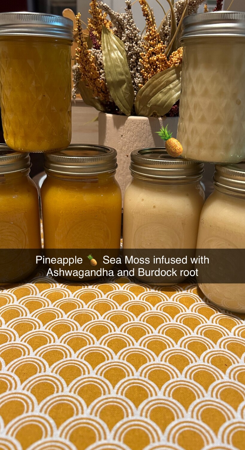 Pineapple Infused Sea moss with Ashwagandha and Burdock Root.