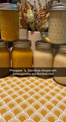 Pineapple Infused Sea moss with Ashwagandha and Burdock Root.