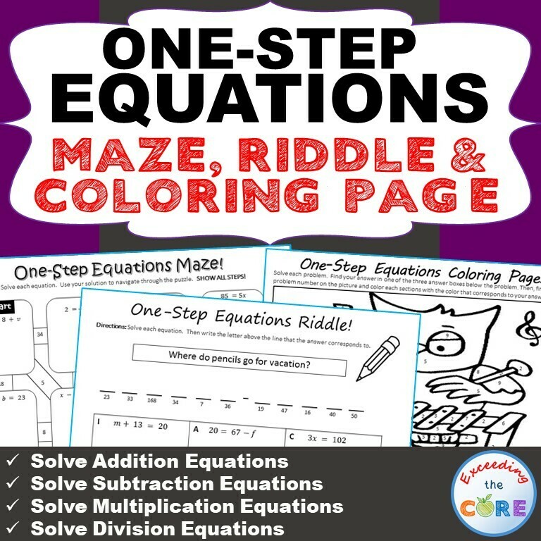 ONE-STEP EQUATIONS Maze, Riddle &amp; Color by Number Coloring Page