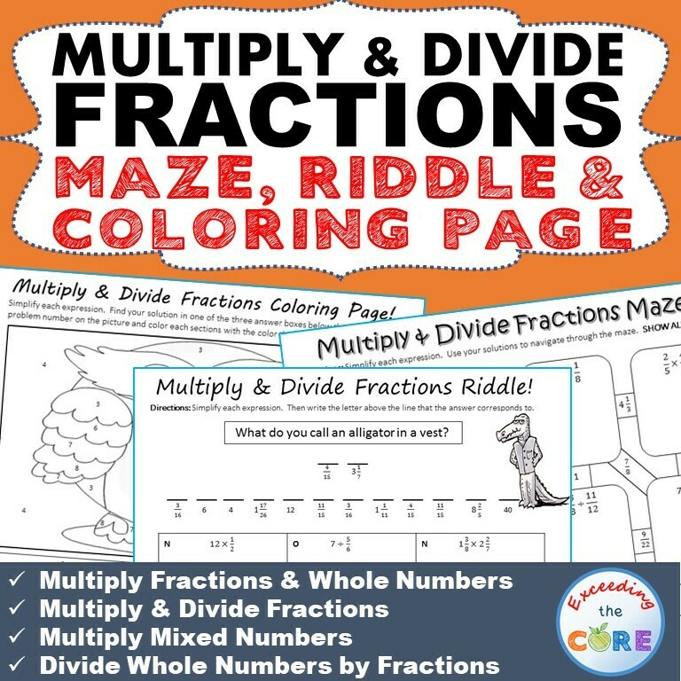 MULTIPLY &amp; DIVIDE FRACTIONS Maze, Riddle, Color by Number Coloring Page Activity
