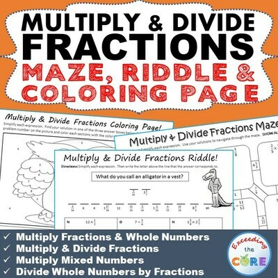 MULTIPLY & DIVIDE FRACTIONS Maze, Riddle, Color by Number Coloring Page Activity
