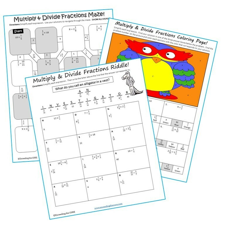 MULTIPLY &amp; DIVIDE FRACTIONS Maze, Riddle, Color by Number Coloring Page Activity